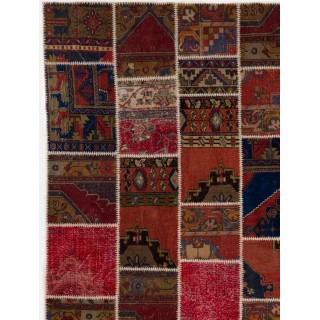 Vintage Wool Patchwork Rug in Shades of Red and Terracotta | Hand-Knotted Turkish Carpet for Living Room and Bedroom Vintage Wool Patchwork Rug in Shades of Red and Terracotta | Hand-Knotted Turkish Carpet for Living Room and Bedroom
