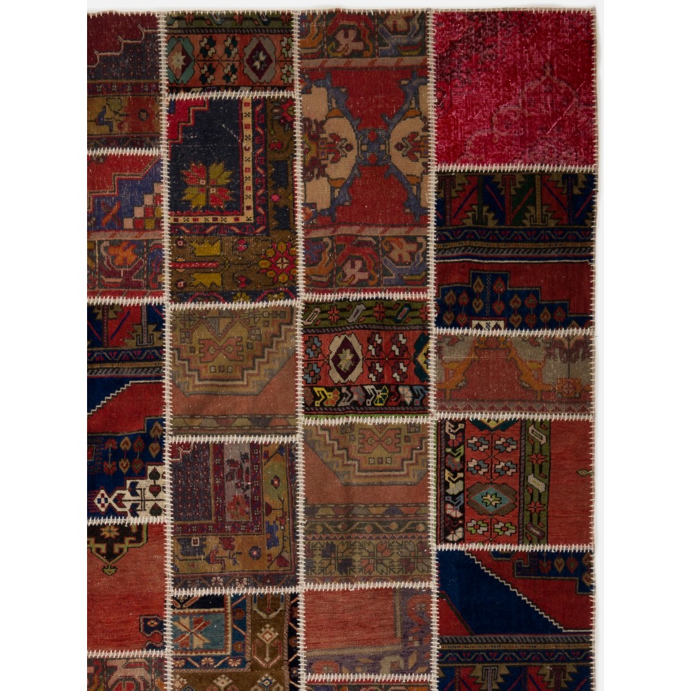 Vintage Wool Patchwork Rug in Shades of Red and Terracotta | Hand-Knotted Turkish Carpet for Living Room and Bedroom Vintage Wool Patchwork Rug in Shades of Red and Terracotta | Hand-Knotted Turkish Carpet for Living Room and Bedroom