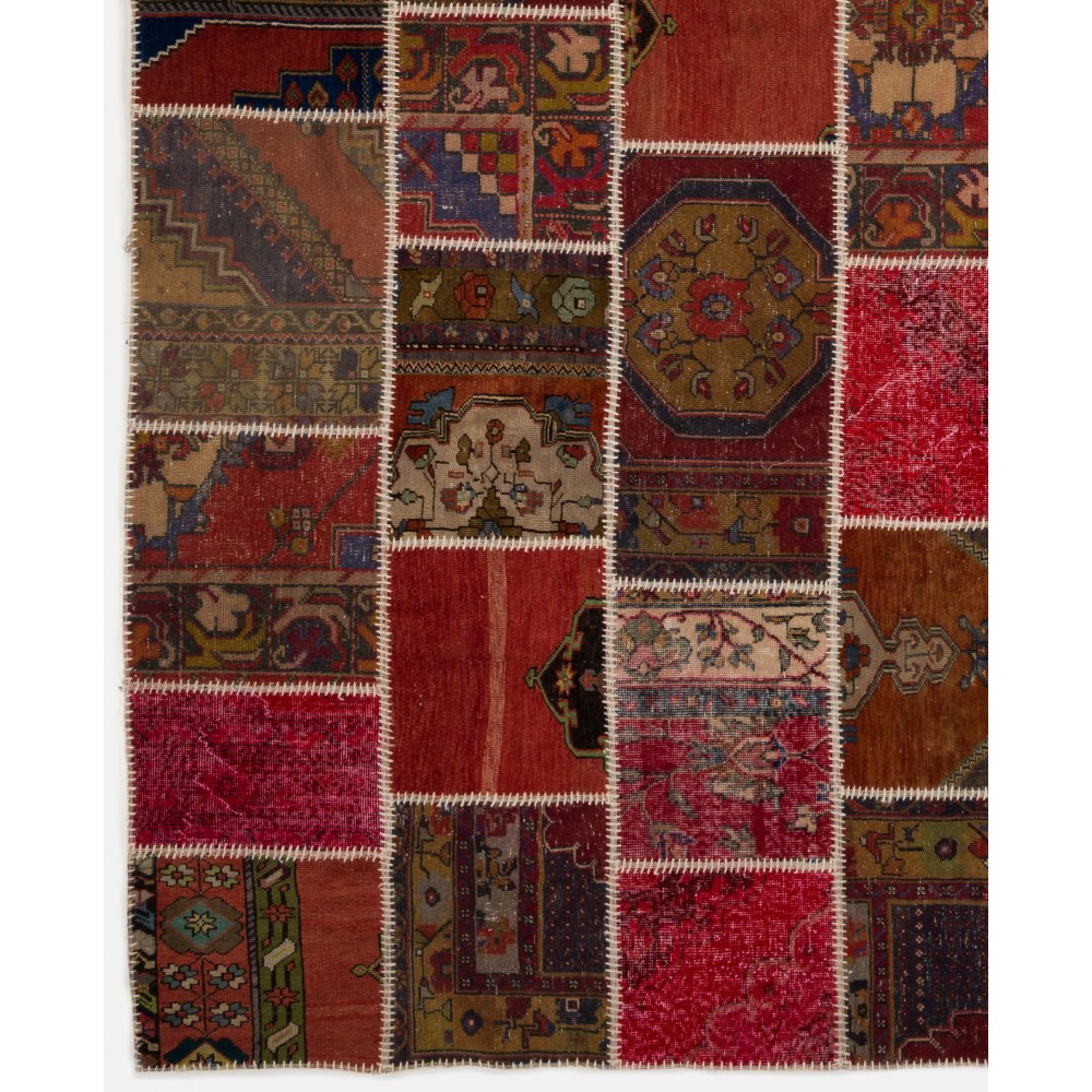 Vintage Wool Patchwork Rug in Shades of Red and Terracotta | Hand-Knotted Turkish Carpet for Living Room and Bedroom Vintage Wool Patchwork Rug in Shades of Red and Terracotta | Hand-Knotted Turkish Carpet for Living Room and Bedroom