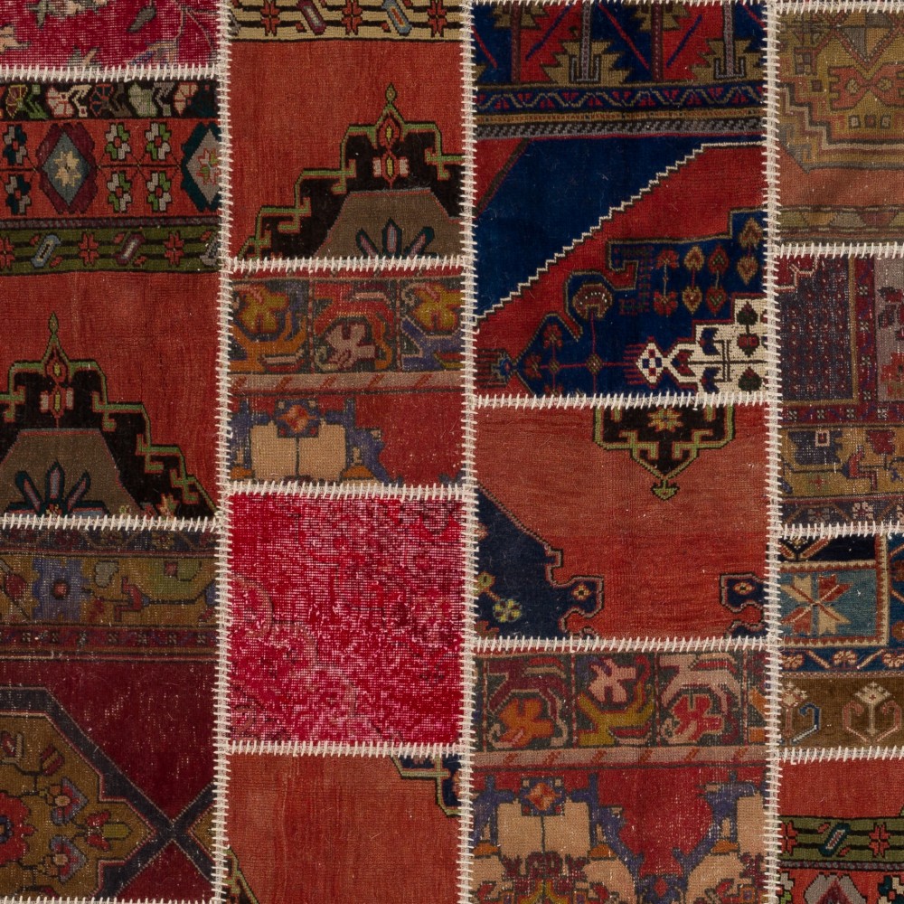 Vintage Wool Patchwork Rug in Shades of Red and Terracotta | Hand-Knotted Turkish Carpet for Living Room and Bedroom Vintage Wool Patchwork Rug in Shades of Red and Terracotta | Hand-Knotted Turkish Carpet for Living Room and Bedroom
