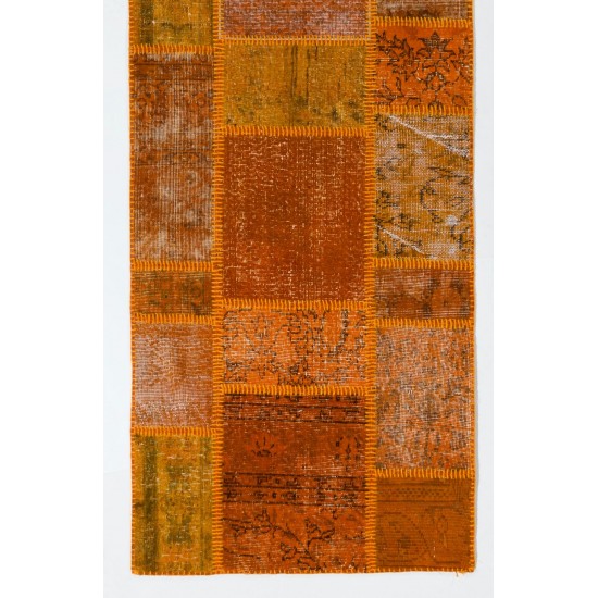 Patchwork Runner Rug in Shades of Orange. Handmade Re-Dyed Turkish Vintage Carpet for Hallway Decor