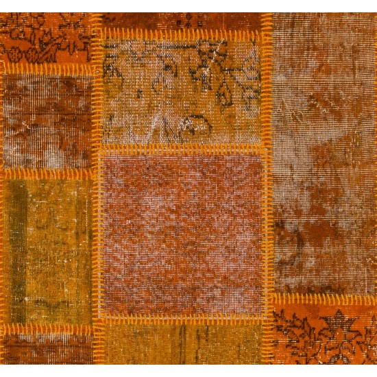 Patchwork Runner Rug in Shades of Orange. Handmade Re-Dyed Turkish Vintage Carpet for Hallway Decor