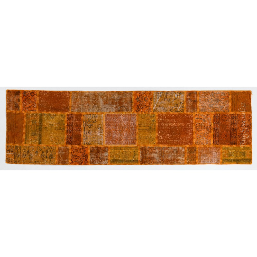 Patchwork Runner Rug in Shades of Orange. Handmade Re-Dyed Turkish Vintage Carpet for Hallway Decor