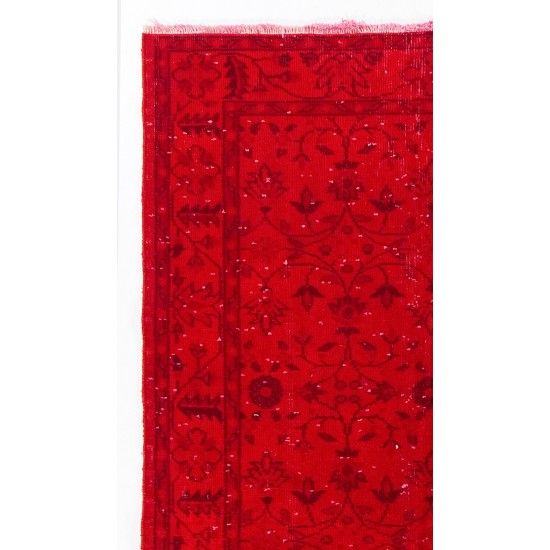 Vintage Handmade Turkish Rug with Floral Design Over-dyed in Red Color. Woolen Floor Covering
