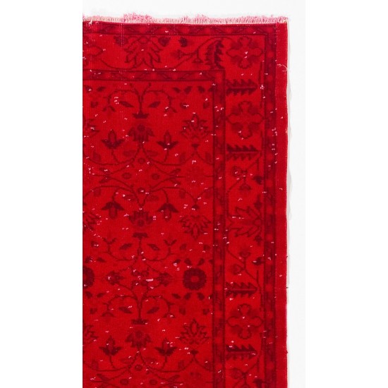 Vintage Handmade Turkish Rug with Floral Design Over-dyed in Red Color. Woolen Floor Covering