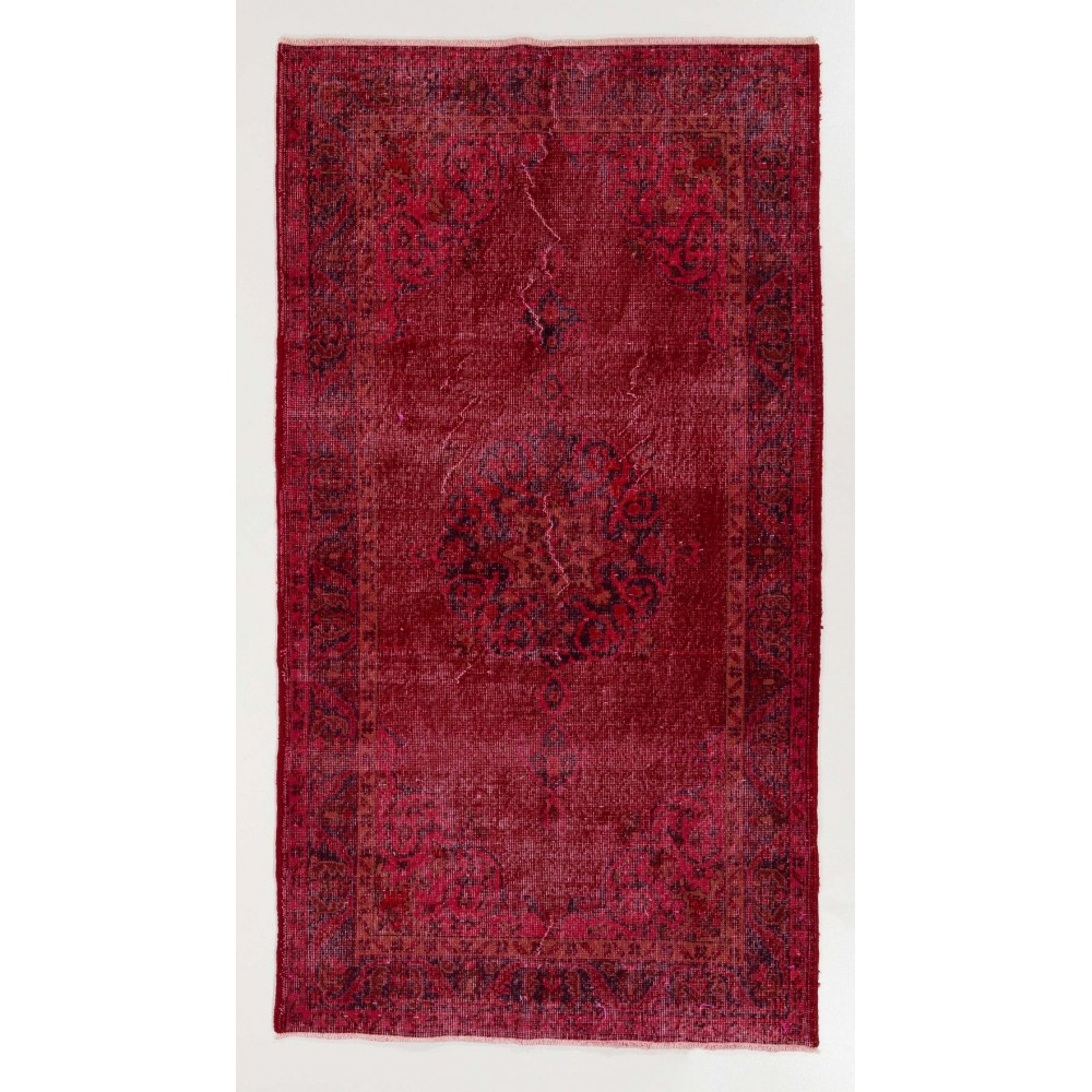 Vintage Handmade Anatolian Rug with Medallion Design Over-dyed in Red Color