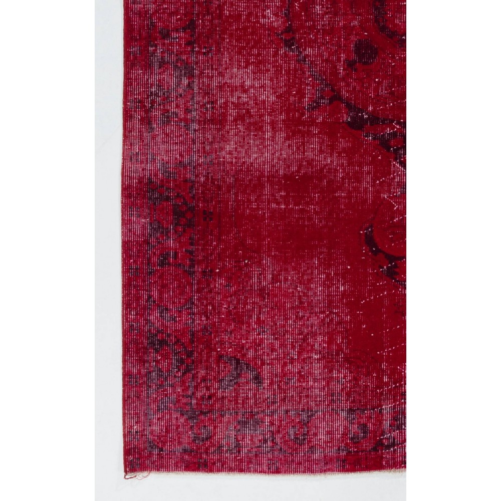 Red Color Over-dyed Vintage Handmade Turkish Rug with Medallion Design