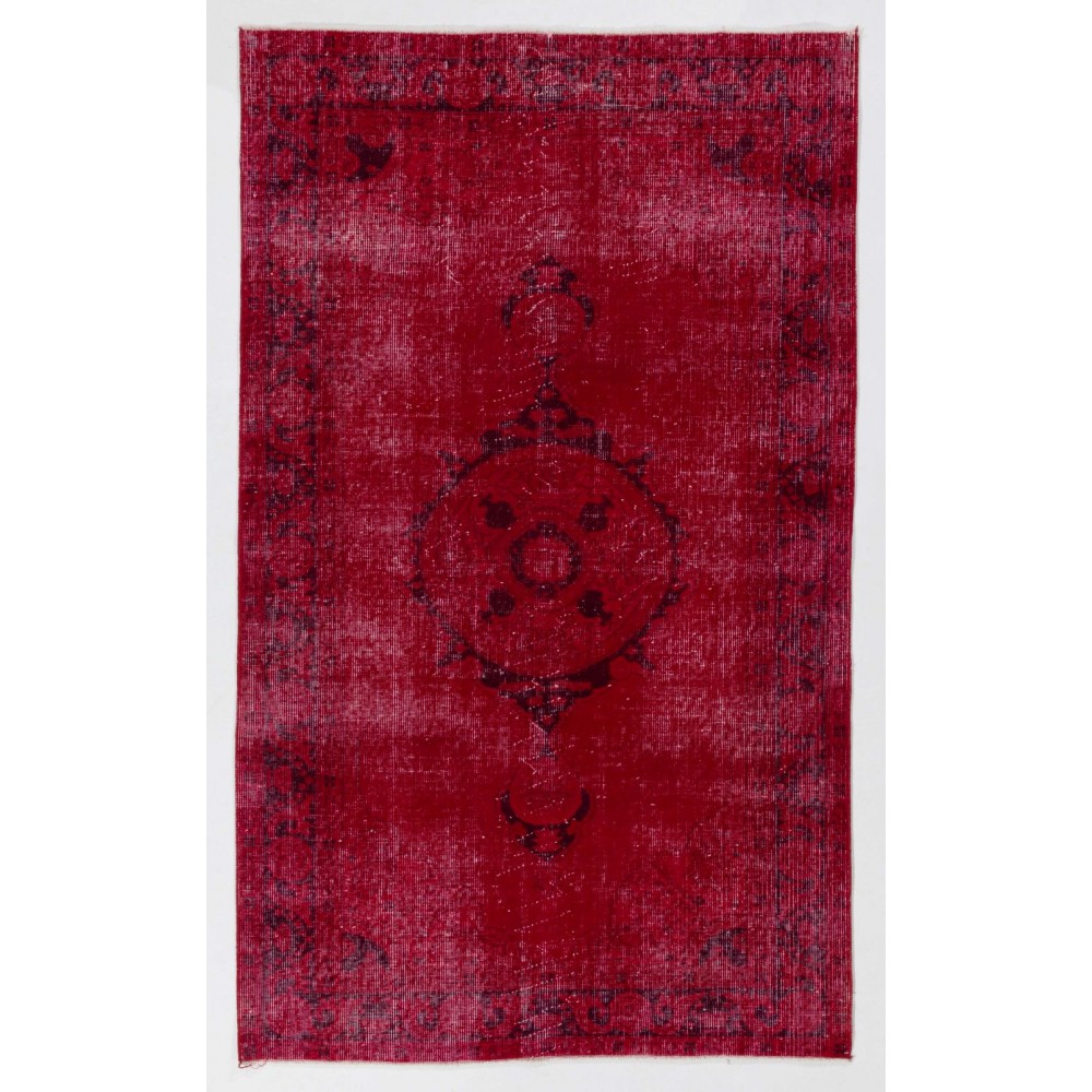 Red Color Over-dyed Vintage Handmade Turkish Rug with Medallion Design