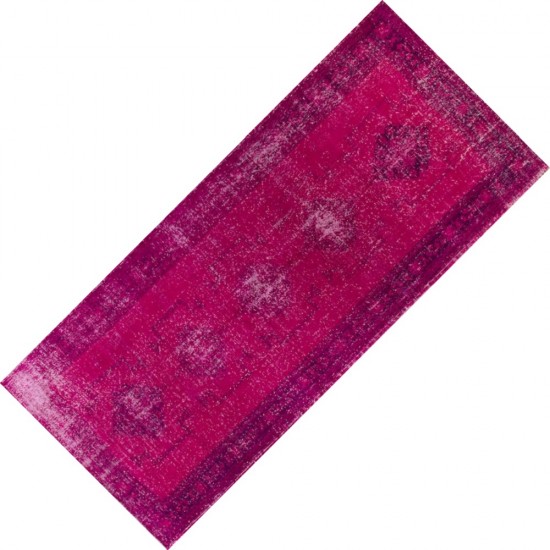 Vintage Handmade Turkish Runner Rug Over-dyed in Pink Color. Woolen Floor Covering