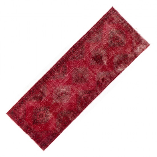 Distressed Vintage Handmade Konya Sille Runner Rug Overdyed in Red Color