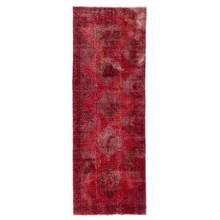 Distressed Vintage Handmade Konya Sille Runner Rug Overdyed in Red Color