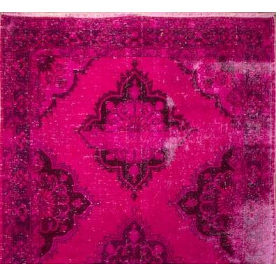 Distressed Vintage Handmade Konya Sille Runner Rug Overdyed in Fuchsia Pink Color