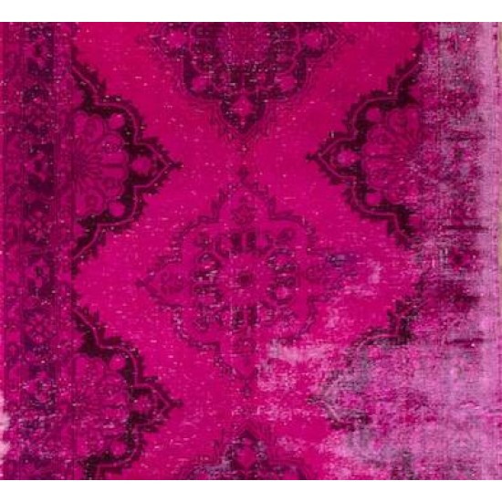 Distressed Vintage Handmade Konya Sille Runner Rug Overdyed in Fuchsia Pink Color