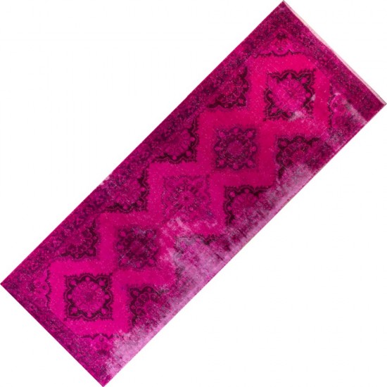 Distressed Vintage Handmade Konya Sille Runner Rug Overdyed in Fuchsia Pink Color