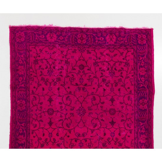 Fuchsia Pink Color Overdyed Handmade Vintage Turkish Rug with Floral Design