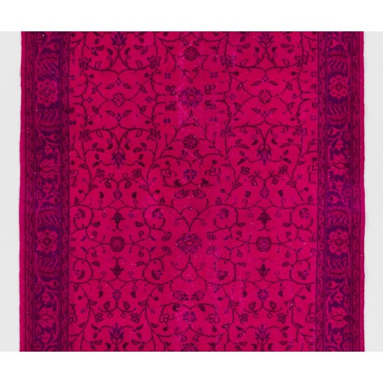 Fuchsia Pink Color Overdyed Handmade Vintage Turkish Rug with Floral Design