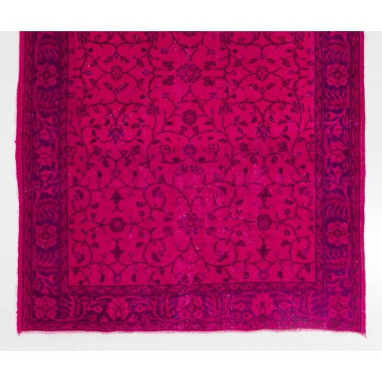 Fuchsia Pink Color Overdyed Handmade Vintage Turkish Rug with Floral Design