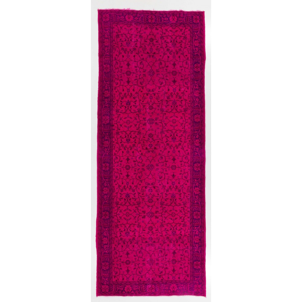 Fuchsia Pink Color Overdyed Handmade Vintage Turkish Rug with Floral Design