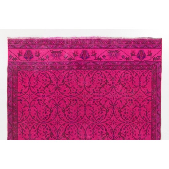Vintage Handmade Anatolian Rug with Floral Design Over-dyed in Fuchsia Pink Color