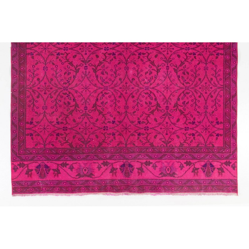 Vintage Handmade Anatolian Rug with Floral Design Over-dyed in Fuchsia Pink Color