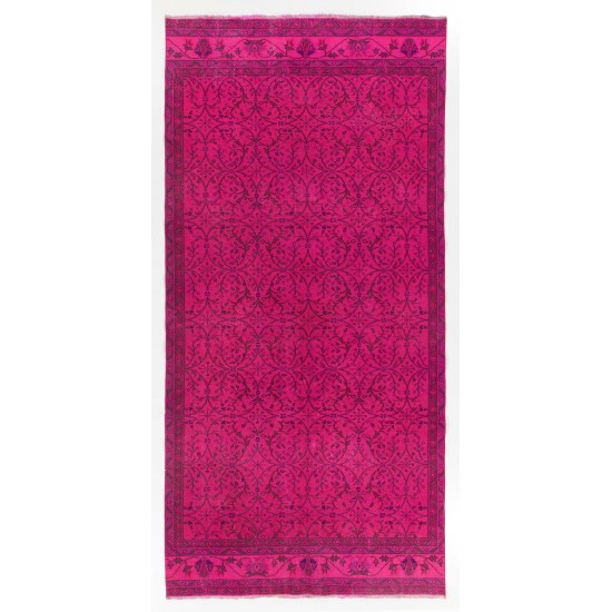 Vintage Handmade Anatolian Rug with Floral Design Over-dyed in Fuchsia Pink Color