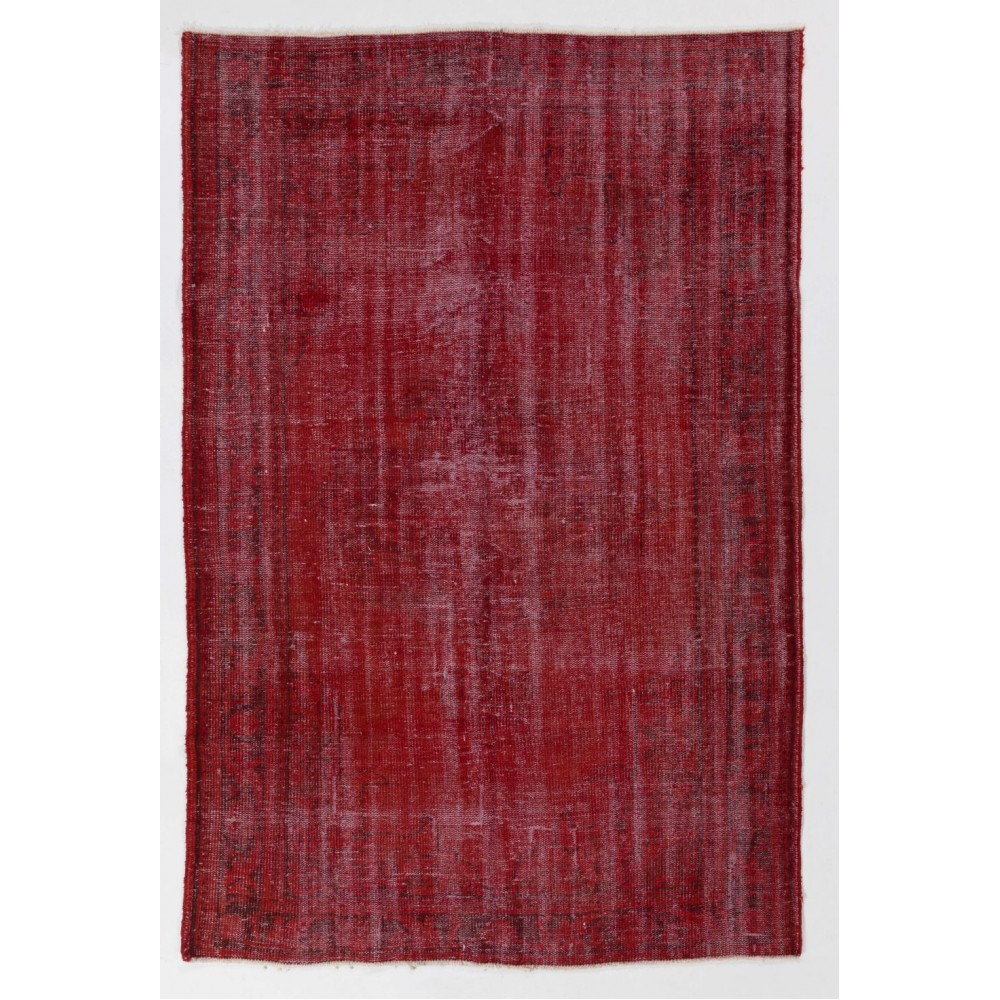 Distressed Vintage Handmade Anatolian Rug Over-dyed in Red Color