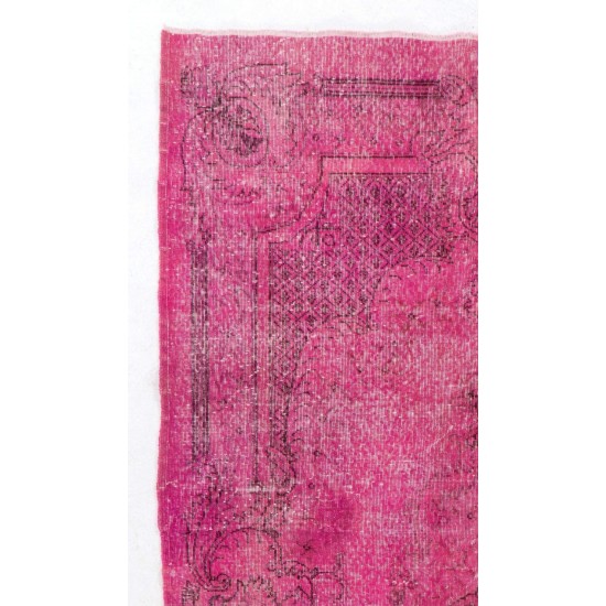 Distressed Vintage Handmade Turkish Rug with Medallion Design Over-dyed in Pink Color.