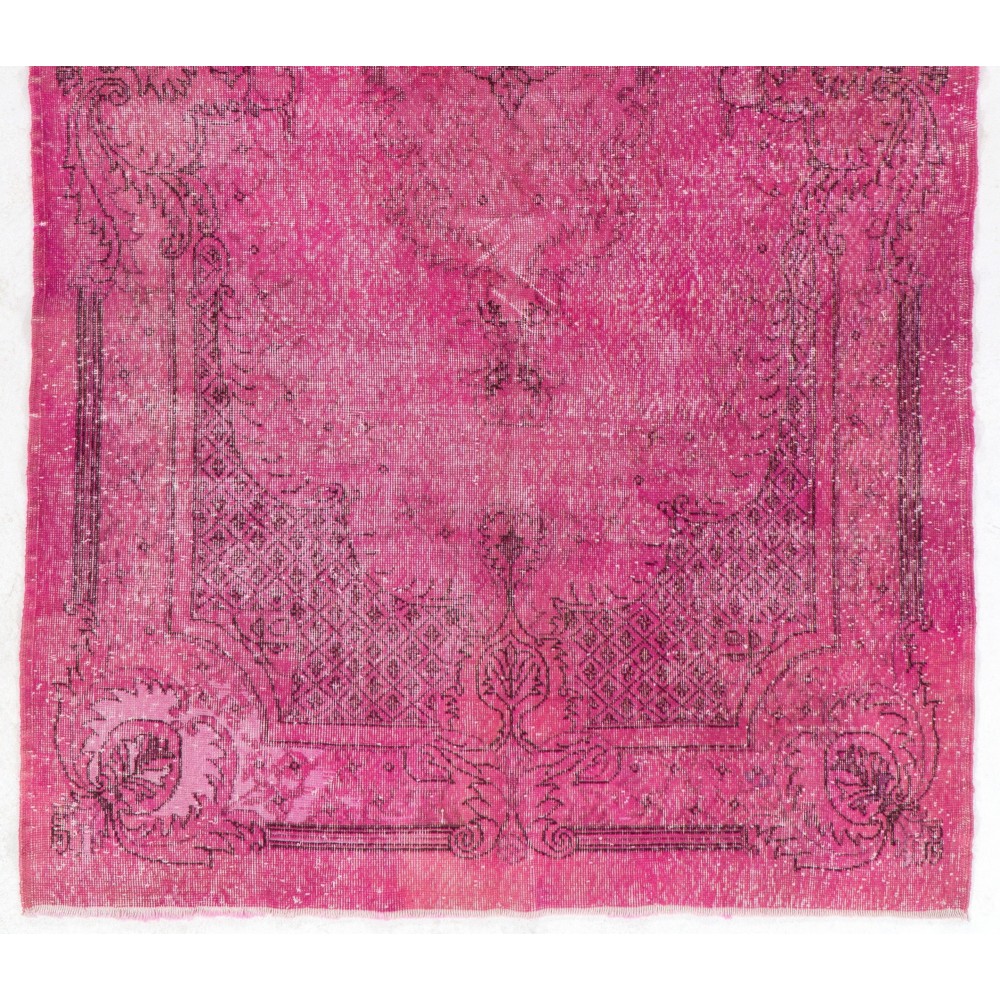 Distressed Vintage Handmade Turkish Rug with Medallion Design Over-dyed in Pink Color.