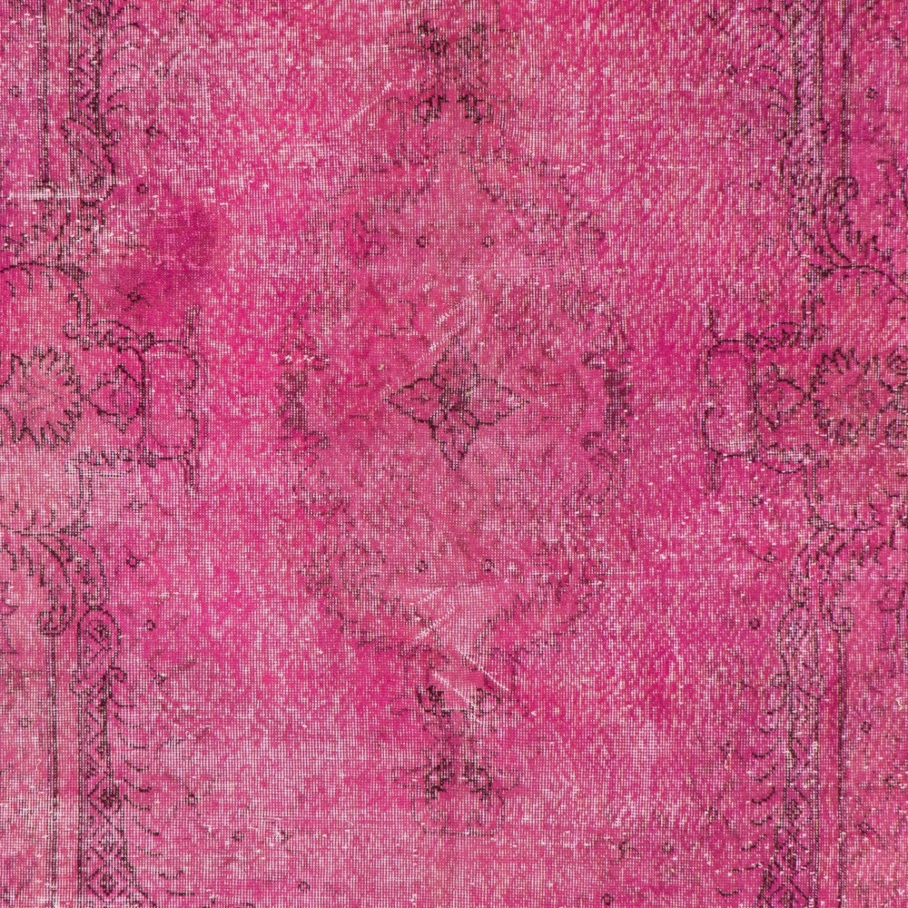 Distressed Vintage Handmade Turkish Rug with Medallion Design Over-dyed in Pink Color.