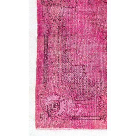 Distressed Vintage Handmade Turkish Rug with Medallion Design Over-dyed in Pink Color. Distressed Vintage Handmade Turkish Rug with Medallion Design Over-dyed in Pink Color.