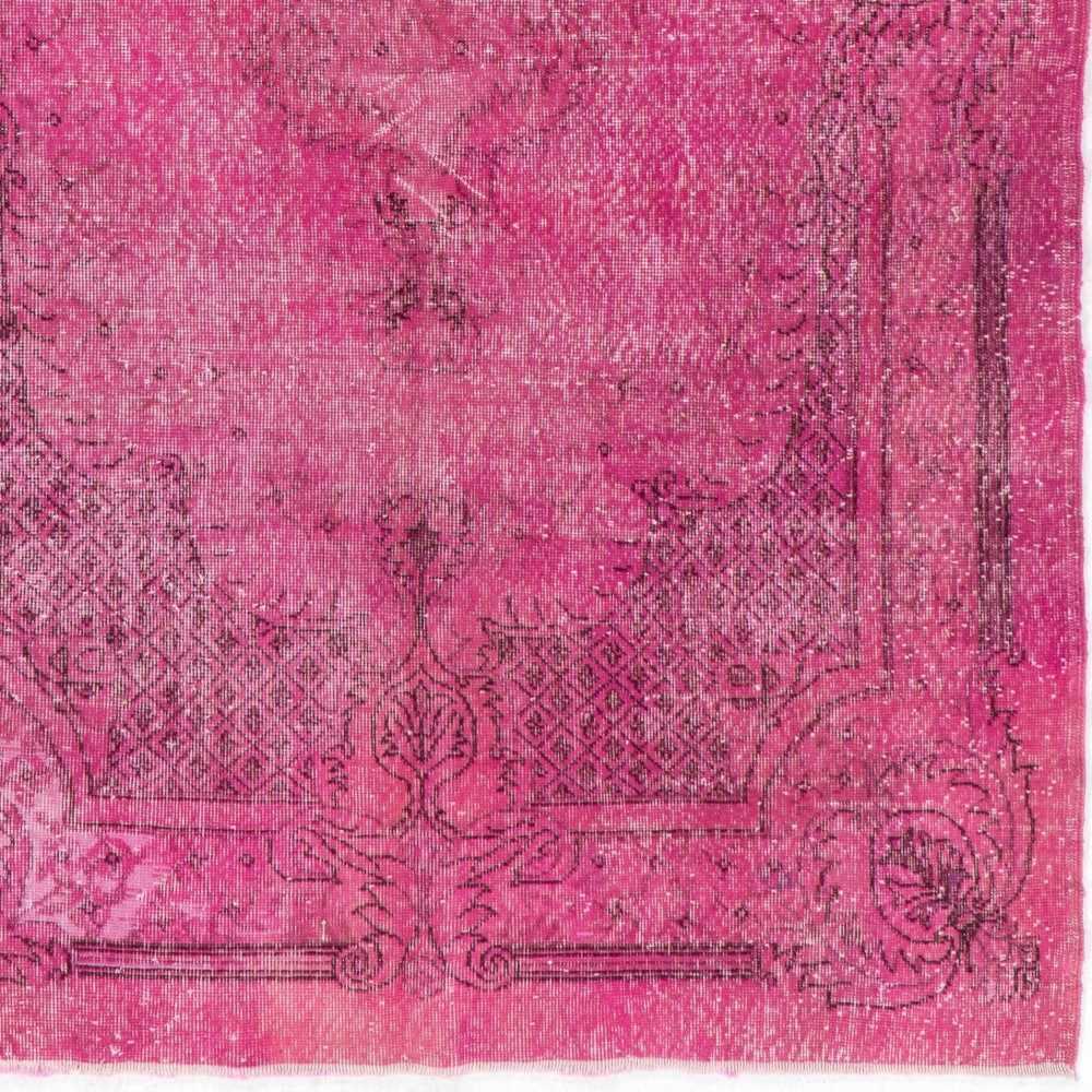 Distressed Vintage Handmade Turkish Rug with Medallion Design Over-dyed in Pink Color.