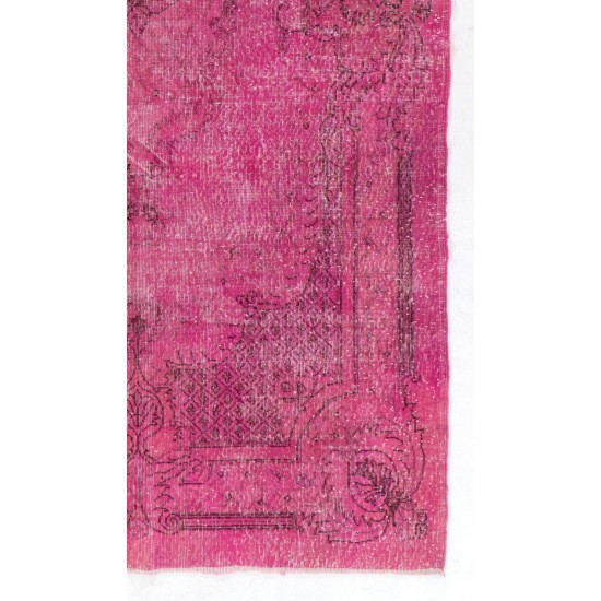 Distressed Vintage Handmade Turkish Rug with Medallion Design Over-dyed in Pink Color.