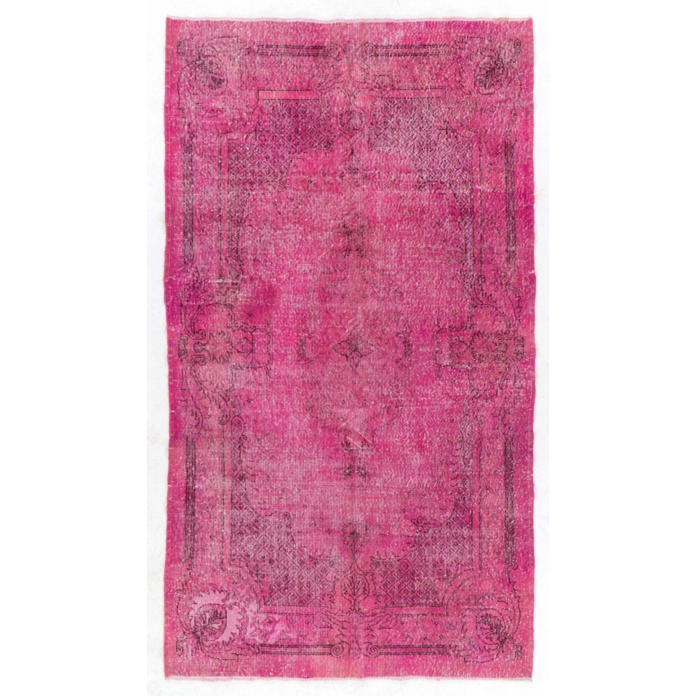 Distressed Vintage Handmade Turkish Rug with Medallion Design Over-dyed in Pink Color.