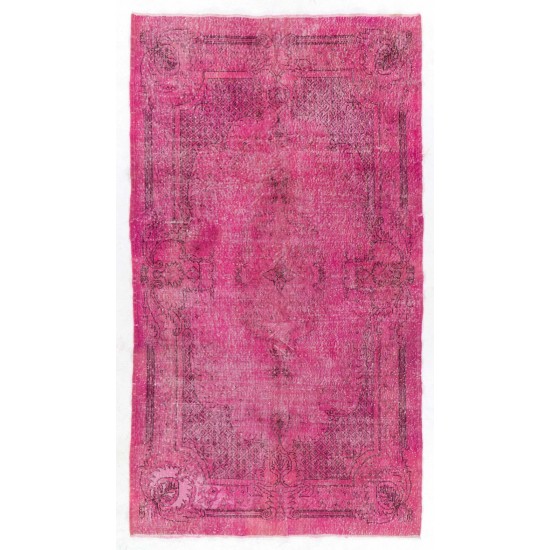 Distressed Vintage Handmade Turkish Rug with Medallion Design Over-dyed in Pink Color.