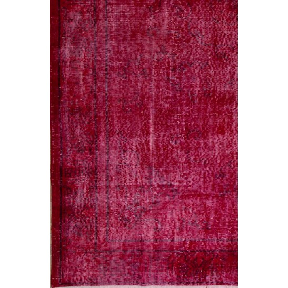 Vintage Handmade Turkish Rug Over-dyed in Red Color. Woolen Floor Covering