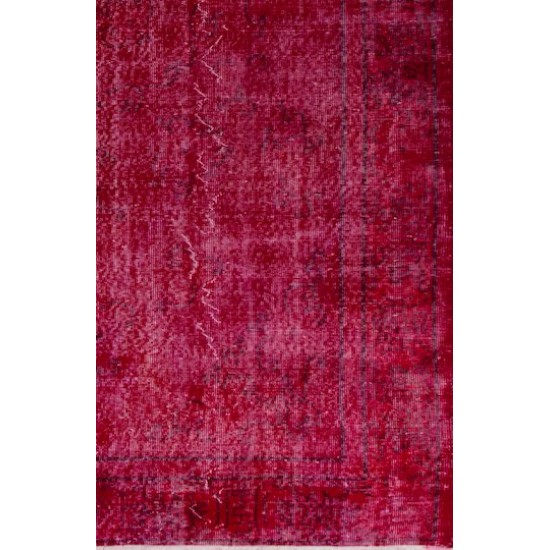 Vintage Handmade Turkish Rug Over-dyed in Red Color. Woolen Floor Covering