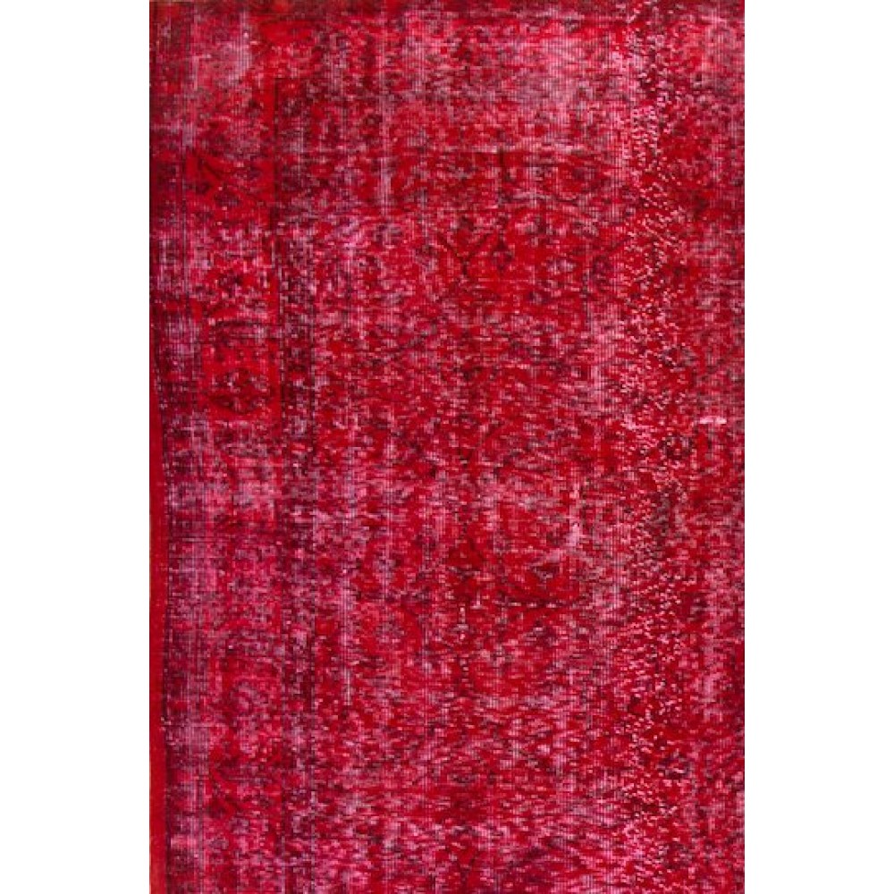 Vintage Handmade Turkish Rug Over-dyed in Red Color. Woolen Floor Covering