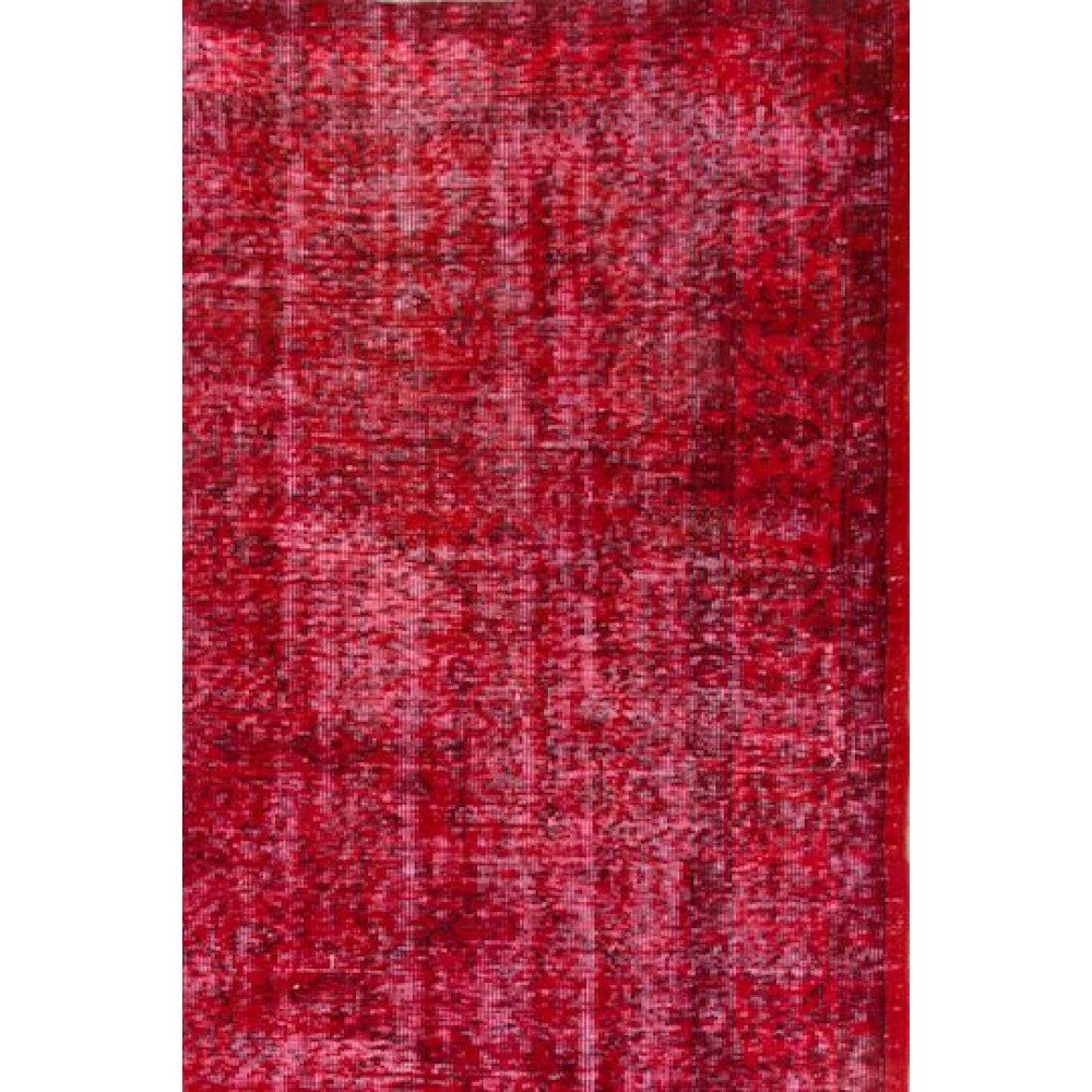 Vintage Handmade Turkish Rug Over-dyed in Red Color. Woolen Floor Covering