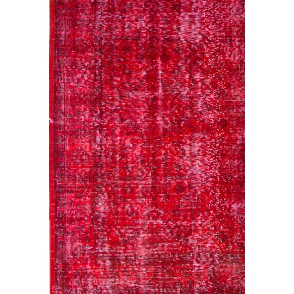 Vintage Handmade Turkish Rug Over-dyed in Red Color. Woolen Floor Covering