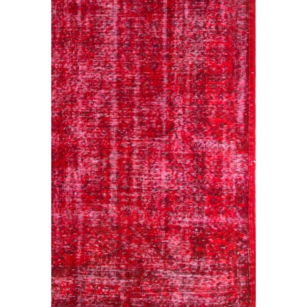 Vintage Handmade Turkish Rug Over-dyed in Red Color. Woolen Floor Covering