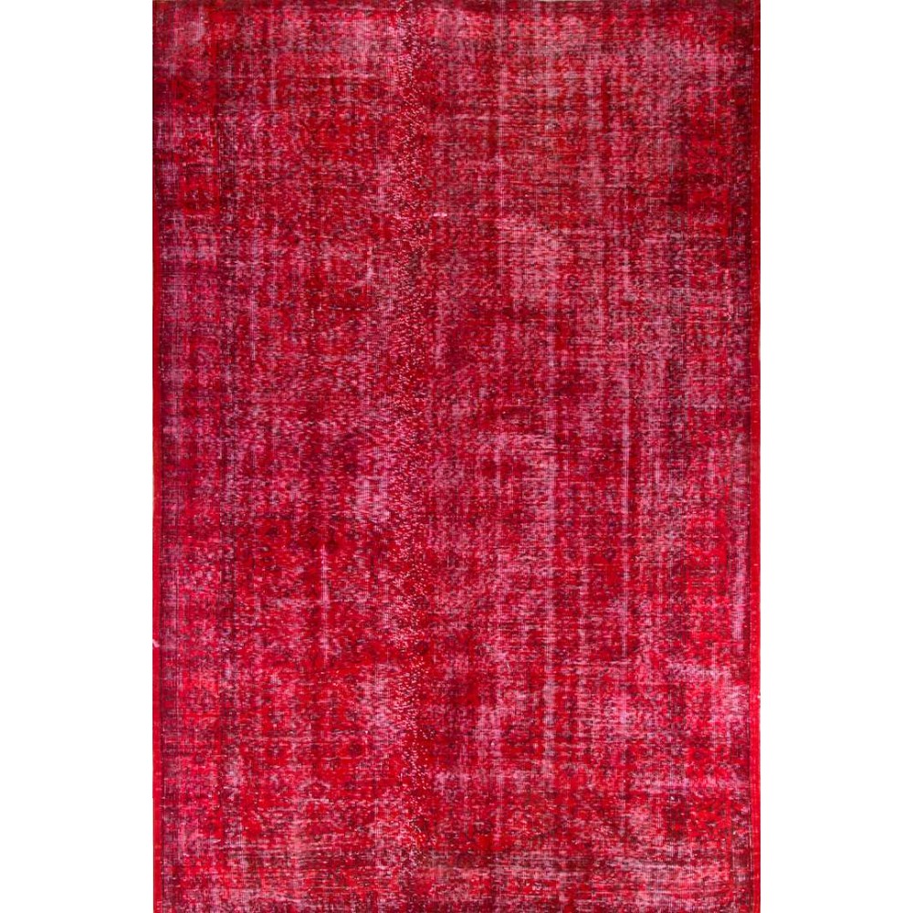Vintage Handmade Turkish Rug Over-dyed in Red Color. Woolen Floor Covering