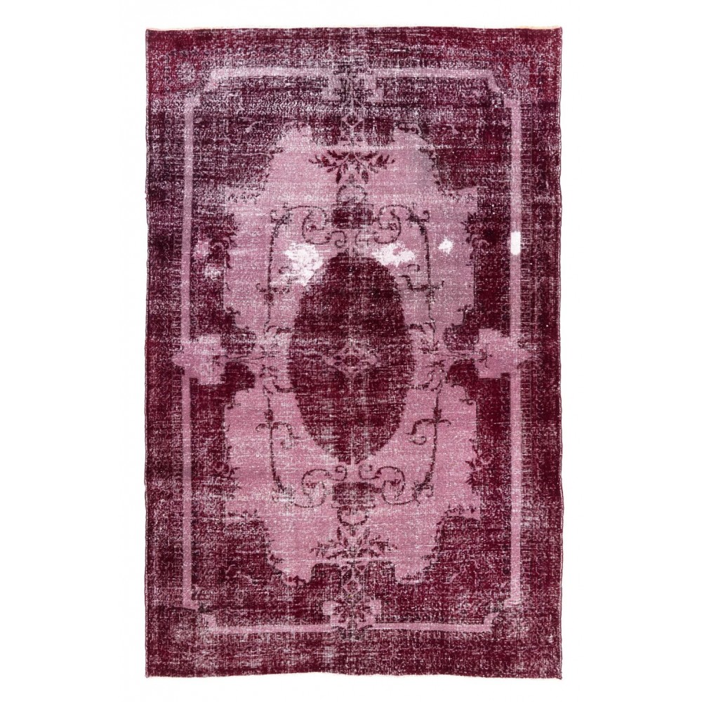 Red Color Over-Dyed Distressed Vintage Handmade Turkish Rug with Medallion Design