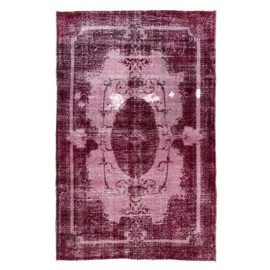 Red Color Over-Dyed Distressed Vintage Handmade Central Anatolian Rug with Medallion Design