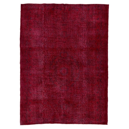 Burgundy Red Color Re-Dyed Vintage Handmade Turkish Rug with Medallion Design