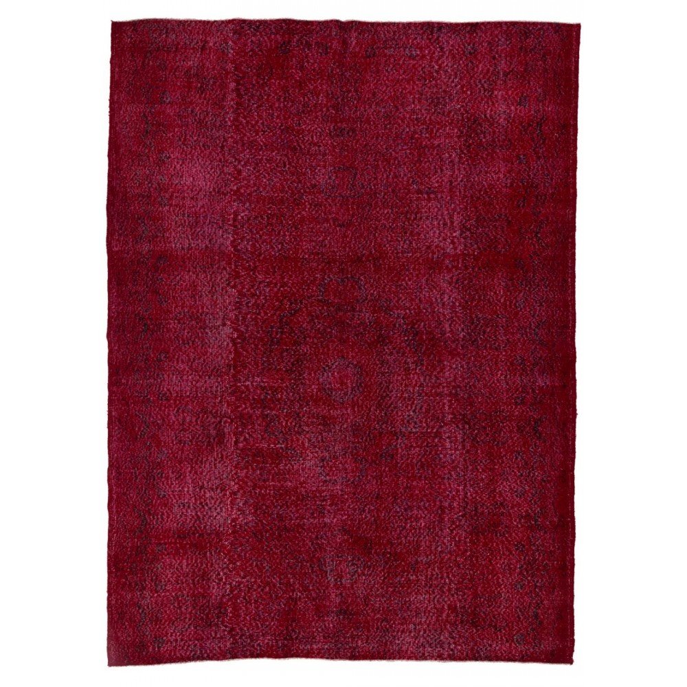 Burgundy Red Color Re-Dyed Vintage Handmade Turkish Rug with Medallion Design