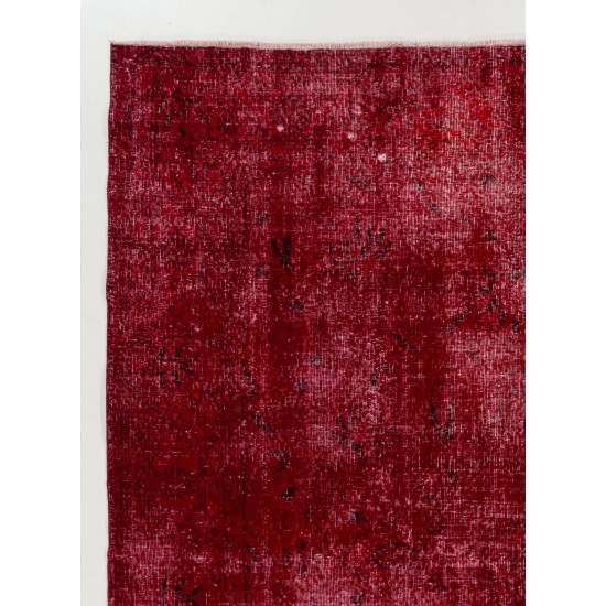 Distressed Vintage Handmade Anatolian Rug Over-dyed in Red Color