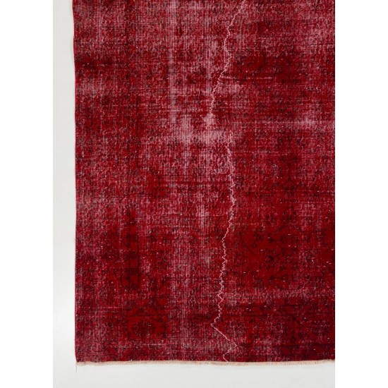 Distressed Vintage Handmade Turkish Wool Rug Over-dyed in Ruby Red