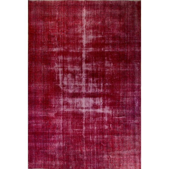 Distressed Vintage Handmade Turkish Rug Over-dyed in Red Color. Woolen Floor Covering