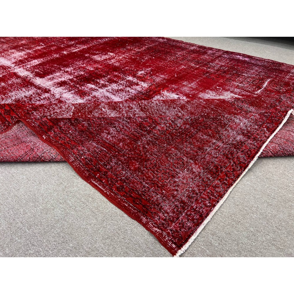 Distressed Vintage Handmade Turkish Rug Over-dyed in Red Color. Woolen Floor Covering