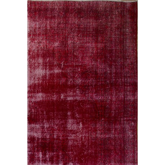 Distressed Vintage Handmade Turkish Rug Over-dyed in Red Color. Woolen Floor Covering Distressed Vintage Handmade Turkish Rug Over-dyed in Red Color. Woolen Floor Covering